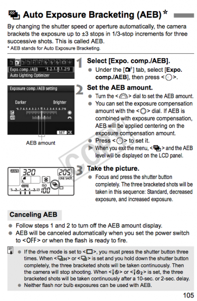 Manuel Canon 7D pour la fonction AEB Auto Exposure Bracketing